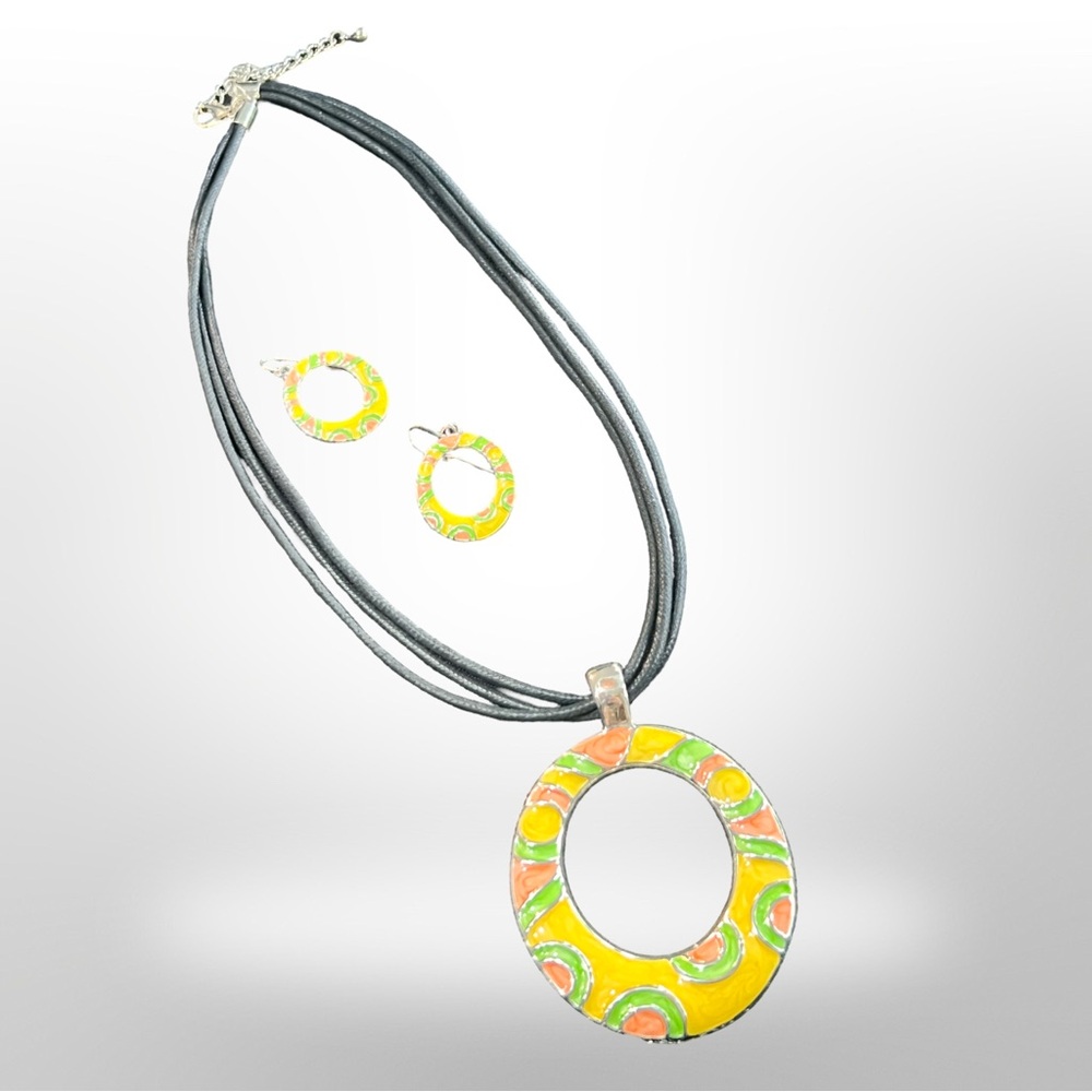 Silver and Enamel Pendant on black strap necklace matching earrings NWOT